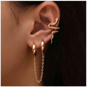 Punk Snake Ear Cuff Earrings Snake Wrap Earrings Gold Snake Ear Crawler Earrings Snake Climber Cartilage Earrings Tassel Chain Hoop Earrings Gold Hoop Chain Drop Earrings Set Jewelry for