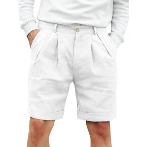 Men's Flat Front Shorts Cotton Linen Button Up Closure Elastic Waist Summer Beach Shorts Regular Fit