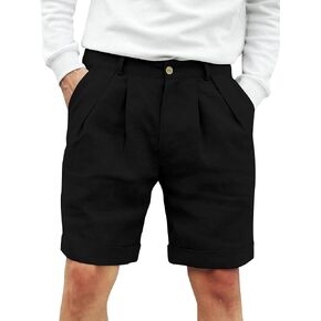 شورت رجالي مسطح من الأمام مصنوع من القطن والكتان وإغلاق بأزرار وخصر مطاطي شورت صيفي للشاطئ بمقاس عادي in Kuwait