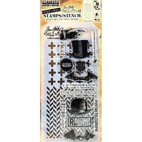 Stamper's Anonymous Tim Holtz Herringbone Vintage Postal Mixed Media Stamp and Stencil Set THMM116