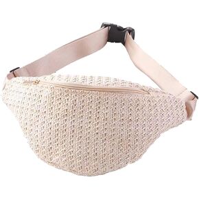 IAMUHI Straw Woven Fanny Pack Cross Chest Shoulder Handbag Purse Handwoven Beach Bag,Beige