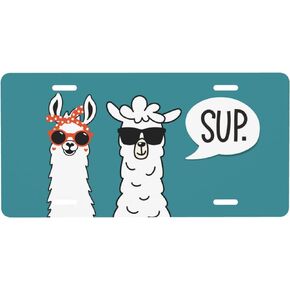 Funny Llama Hippies Hip Hop License Plate Covers Decorative Metal Car Front License Plate Vanity Tag for Women Men, 6x12 Inch (with 4 Pre-Drill Hole)