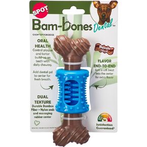 SPOT Bam-Bones Plus Dental Chew Bone - Bamboo Fiber & Nylon with a Massaging Rubber Center, Durable Long Lasting Oral Care Dog Chew for Aggressive Chewers & Teething Puppies, 6.5in, Bacon Flavor