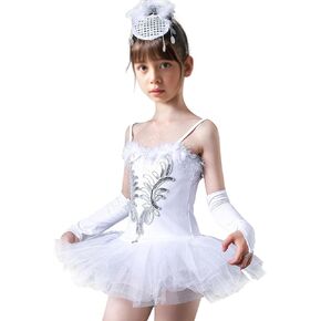 Girls Sequins Beads Ballet Dance Outfit Tutu Dress Leotard Swan Ballerina Costume with Gloves Hair Clip Set