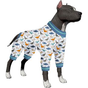 LovinPet Pitbull Pajamas for Dogs Large -Undershirt for Dog Hoodies,Dog Pajamas, Stretchy Fabric,White/Slate/Mint Dinosaur Print,Big Dog Jammies,Uv Protection,Easy to Wear Dog Jumpsuit,Large