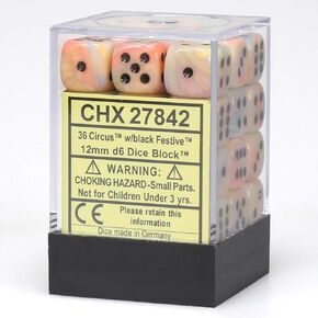 Chessex DND Dice Set D&D Dice-12mm Festive Circus and Black Plastic Polyhedral Dice Set-Dungeons and Dragons Dice Includes 36 Dice – D6