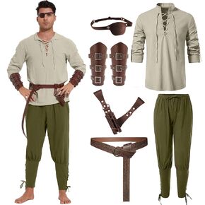 WISHU 7 Pcs Mens Pirate Costume Set Adult Halloween Medieval Renaissance Viking Shirt Banded Pants Belt Accessories Cosplay