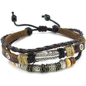KONOV Mens Womens Leather Bracelet, Feather Charm 7-9 inch Adjustable Wrap Bangle, Brown Silver in Saudi Arabia
