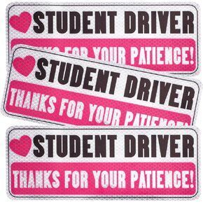 3pcs Student Driver Magnet Stickers, Thanks for Your Patience Student New Driver Signs Pink Non-Magnetic Reflective Bumper Sticker Car Decal Safety Sign for Car Exterior Accessories (Student Driver)