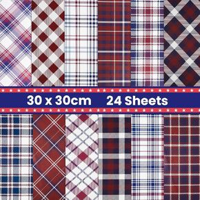 4th of July Pattern Paper, 12 Inch Patriotic Scrapbook Paper Double-Sided Blue Red Plaid Decorative Craft Paper for Card Making Photo Album Independence Day Decor - 24 Sheets
