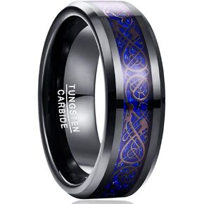NUNCAD Men's Wedding Band 8mm Black Tungsten Carbide Ring Celtic Dragon Inlay Polished Finish Size 5-15
