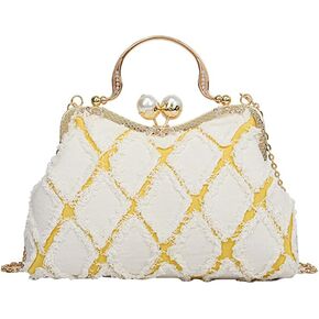 Denim Clutch Bag Women Quilted Evening Bag Bridal Wedding Purse Sparkly Rhinestone Handbag Beaded Pearl Crossbody Bag