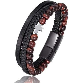 LG Gifts Ltd. سوار كروس من الجلد باللون البني الداكن والخرز باللون الأسود للرجال | سوار معصم عصري للإيمان المسيحي للرجال in Kuwait