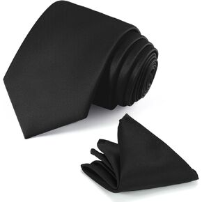 Black Tie Set in Gift Box Mens Solid Color 3.15" (8CM) Black Necktie and Pocket Square Set