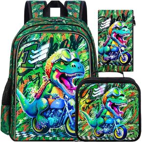 UFNDC 3PCS Boys Backpack,16"Kids Dinosaur Bookbag with Lunch Box, School Bag for Elementary Toddler