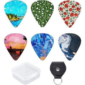 Guitar Picks 6-Pack Thin, Medium & Heavy Plastic Picks Box and Leather Key Chain Pick Holder Artistic Pattern Best Gift for Guitar Lovers Best Memorial Gifts for Acoustic Guitar Lovers