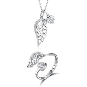 جوهرة الميلاد الجناح قلادة وخاتم 925 فضة جارديان الملاك الجناح قلادة على هيئة ريشة قلادة مجوهرات هدية للنساء الفتيات in Kuwait