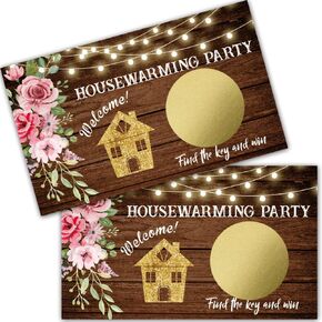 50 Pack Housewarming Scratch Off Game, Wood Grain Key Scratch Card for Rustic New Home New House, Housewarming Party Game Card Lottery Game Group Game, Baby Shower Activity and Idea
