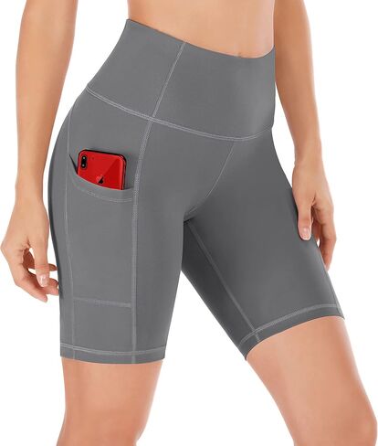 Ewedoos Biker Shorts Women Tummy Control Workout Shorts with 3 Pockets High Waisted Compression Gym Running Yoga Shorts Women Gray in Saudi Arabia