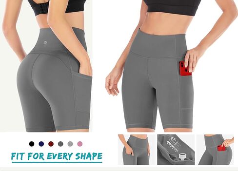 Ewedoos Biker Shorts Women Tummy Control Workout Shorts with 3 Pockets High Waisted Compression Gym Running Yoga Shorts Women Gray in Saudi Arabia