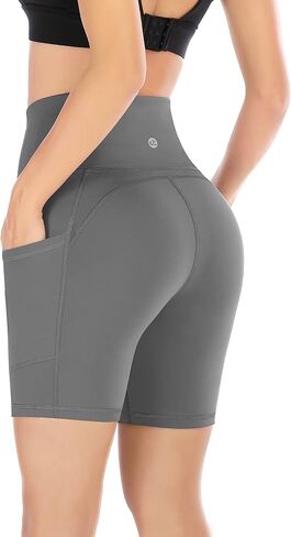 Ewedoos Biker Shorts Women Tummy Control Workout Shorts with 3 Pockets High Waisted Compression Gym Running Yoga Shorts Women Gray in Saudi Arabia