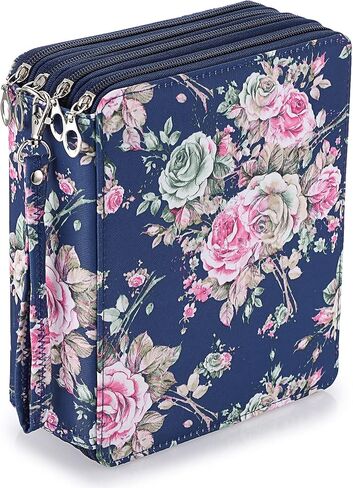BTSKY Colored Pencil Bag- 160 Slots Pencil Holder Pen Bag Large Capacity Pencil Organizer with Handle Strap Handy Colored Pencil Box with Printing Pattern (Dark Blue Rose) in Saudi Arabia