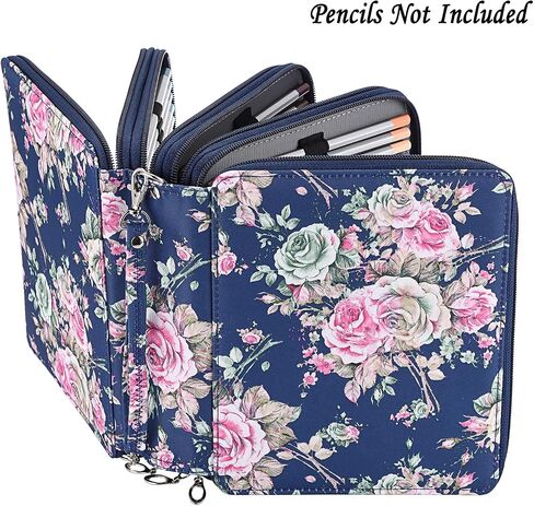 BTSKY Colored Pencil Bag- 160 Slots Pencil Holder Pen Bag Large Capacity Pencil Organizer with Handle Strap Handy Colored Pencil Box with Printing Pattern (Dark Blue Rose) in Saudi Arabia