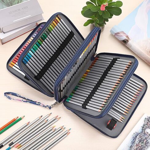 BTSKY Colored Pencil Bag- 160 Slots Pencil Holder Pen Bag Large Capacity Pencil Organizer with Handle Strap Handy Colored Pencil Box with Printing Pattern (Dark Blue Rose) in Saudi Arabia