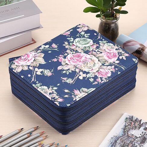 BTSKY Colored Pencil Bag- 160 Slots Pencil Holder Pen Bag Large Capacity Pencil Organizer with Handle Strap Handy Colored Pencil Box with Printing Pattern (Dark Blue Rose) in Saudi Arabia
