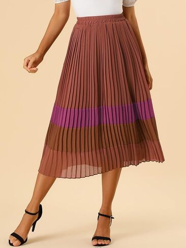 Allegra K Women's Summer Elastic Waist Color Block A-Line Pleated Chiffon Midi Skirt in Saudi Arabia