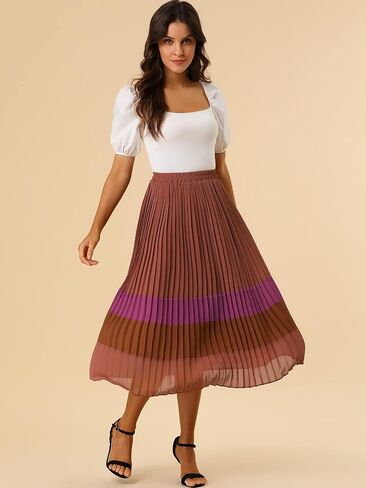 Allegra K Women's Summer Elastic Waist Color Block A-Line Pleated Chiffon Midi Skirt in Saudi Arabia