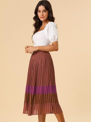 Allegra K Women's Summer Elastic Waist Color Block A-Line Pleated Chiffon Midi Skirt in Saudi Arabia