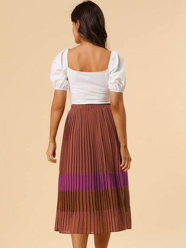 Allegra K Women's Summer Elastic Waist Color Block A-Line Pleated Chiffon Midi Skirt in Saudi Arabia