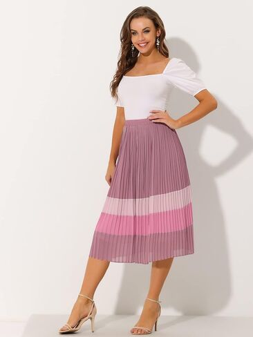 Allegra K Women's Summer Elastic Waist Color Block A-Line Pleated Chiffon Midi Skirt in Saudi Arabia