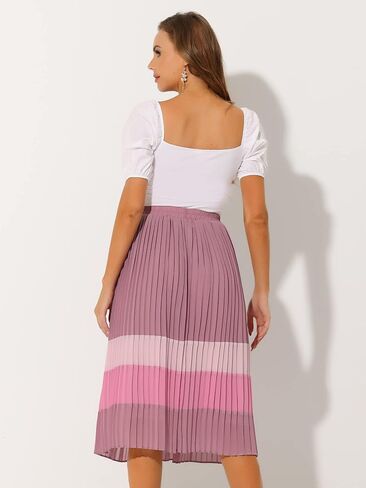 Allegra K Women's Summer Elastic Waist Color Block A-Line Pleated Chiffon Midi Skirt in Saudi Arabia
