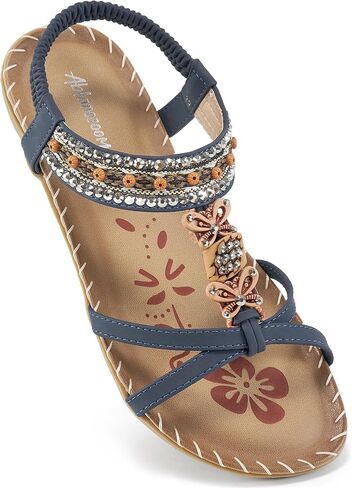 Ablanczoom Sandals for Women Flats Shoes: Comfortable Ankle Strap Elastic Summer Dressy Flats Casual Bohemian Beaded Shoes Slip on Beach Sandal in Saudi Arabia
