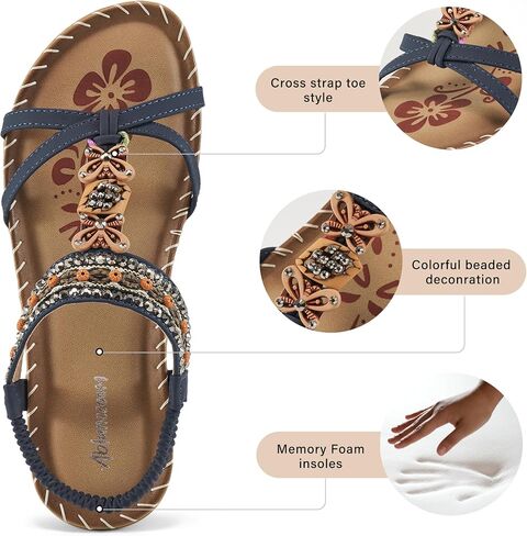 Ablanczoom Sandals for Women Flats Shoes: Comfortable Ankle Strap Elastic Summer Dressy Flats Casual Bohemian Beaded Shoes Slip on Beach Sandal in Saudi Arabia