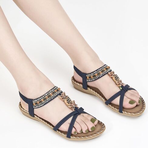 Ablanczoom Sandals for Women Flats Shoes: Comfortable Ankle Strap Elastic Summer Dressy Flats Casual Bohemian Beaded Shoes Slip on Beach Sandal in Saudi Arabia