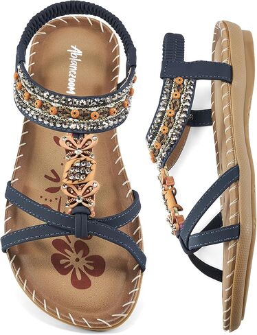 Ablanczoom Sandals for Women Flats Shoes: Comfortable Ankle Strap Elastic Summer Dressy Flats Casual Bohemian Beaded Shoes Slip on Beach Sandal in Saudi Arabia