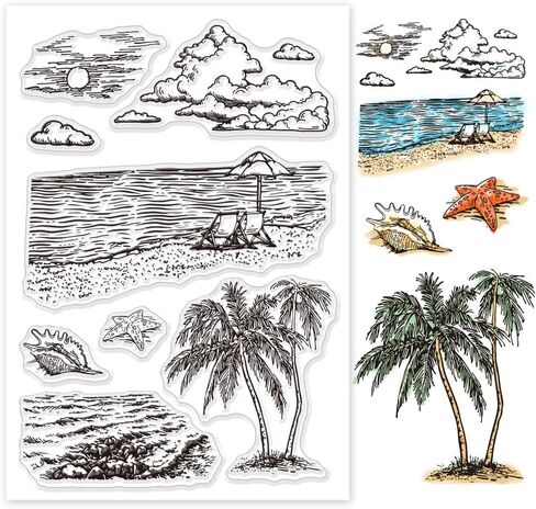 PH PandaHall Summer Beach Clear Stamps, PVC Plastic Transparent Stamps Sunset Vacation Beach Stamps Greeting Card Stamps Sealed Stamps for DIY Scrapbooking Album Decorating Card Craft Making in Saudi Arabia