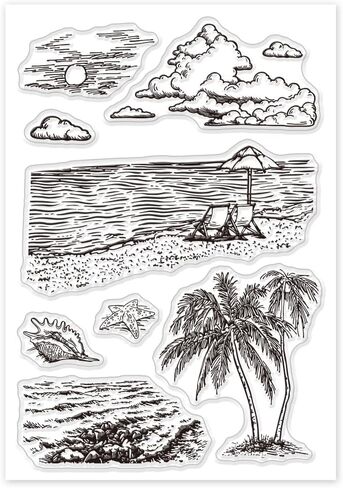 PH PandaHall Summer Beach Clear Stamps, PVC Plastic Transparent Stamps Sunset Vacation Beach Stamps Greeting Card Stamps Sealed Stamps for DIY Scrapbooking Album Decorating Card Craft Making in Saudi Arabia