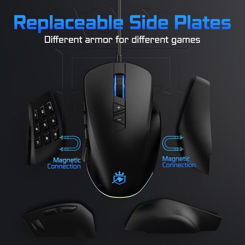 Wired Gaming Mouse with Side Plates, MMO Mouse with 14 Programmable Buttons, Ergonomic Gaming Mouse with 2 Grip Plates, Computer Mouse with Max 12,400 DPI, RGB Lighting in Saudi Arabia