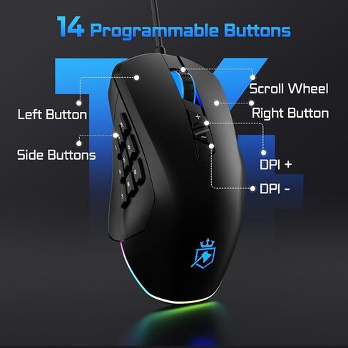 Wired Gaming Mouse with Side Plates, MMO Mouse with 14 Programmable Buttons, Ergonomic Gaming Mouse with 2 Grip Plates, Computer Mouse with Max 12,400 DPI, RGB Lighting in Saudi Arabia