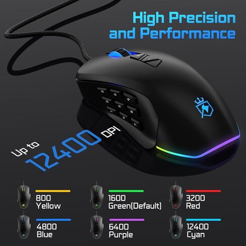 Wired Gaming Mouse with Side Plates, MMO Mouse with 14 Programmable Buttons, Ergonomic Gaming Mouse with 2 Grip Plates, Computer Mouse with Max 12,400 DPI, RGB Lighting in Saudi Arabia