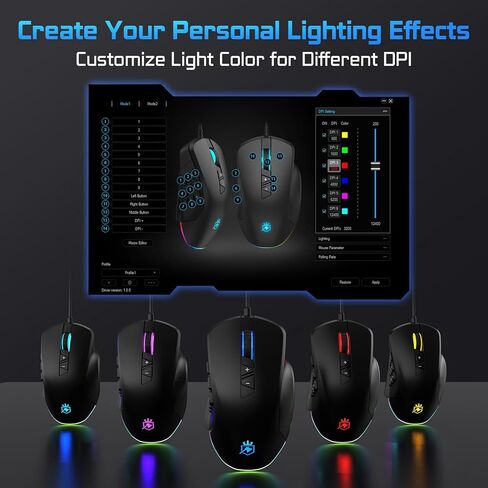 Wired Gaming Mouse with Side Plates, MMO Mouse with 14 Programmable Buttons, Ergonomic Gaming Mouse with 2 Grip Plates, Computer Mouse with Max 12,400 DPI, RGB Lighting in Saudi Arabia