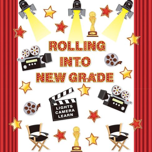 Movie Themed Bulletin Board Set - 73Pcs Back to School Rolling into New Grade Classroom Decoration Camera Lights Learn Clapperboard Film and Stage Curtain Cut-Outs for Preschool Chalkboard Supplies in Saudi Arabia