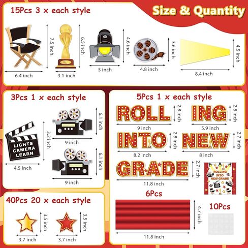 Movie Themed Bulletin Board Set - 73Pcs Back to School Rolling into New Grade Classroom Decoration Camera Lights Learn Clapperboard Film and Stage Curtain Cut-Outs for Preschool Chalkboard Supplies in Saudi Arabia