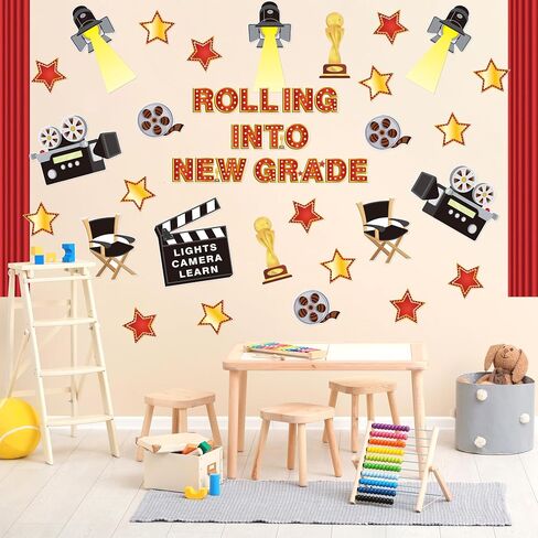 Movie Themed Bulletin Board Set - 73Pcs Back to School Rolling into New Grade Classroom Decoration Camera Lights Learn Clapperboard Film and Stage Curtain Cut-Outs for Preschool Chalkboard Supplies in Saudi Arabia