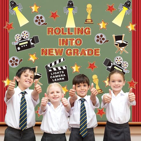 Movie Themed Bulletin Board Set - 73Pcs Back to School Rolling into New Grade Classroom Decoration Camera Lights Learn Clapperboard Film and Stage Curtain Cut-Outs for Preschool Chalkboard Supplies in Saudi Arabia
