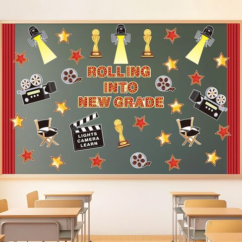 Movie Themed Bulletin Board Set - 73Pcs Back to School Rolling into New Grade Classroom Decoration Camera Lights Learn Clapperboard Film and Stage Curtain Cut-Outs for Preschool Chalkboard Supplies in Saudi Arabia